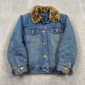 Kids Denim Jacket KC Collections Size‎ M Blue Leopard Print Trim Button Front